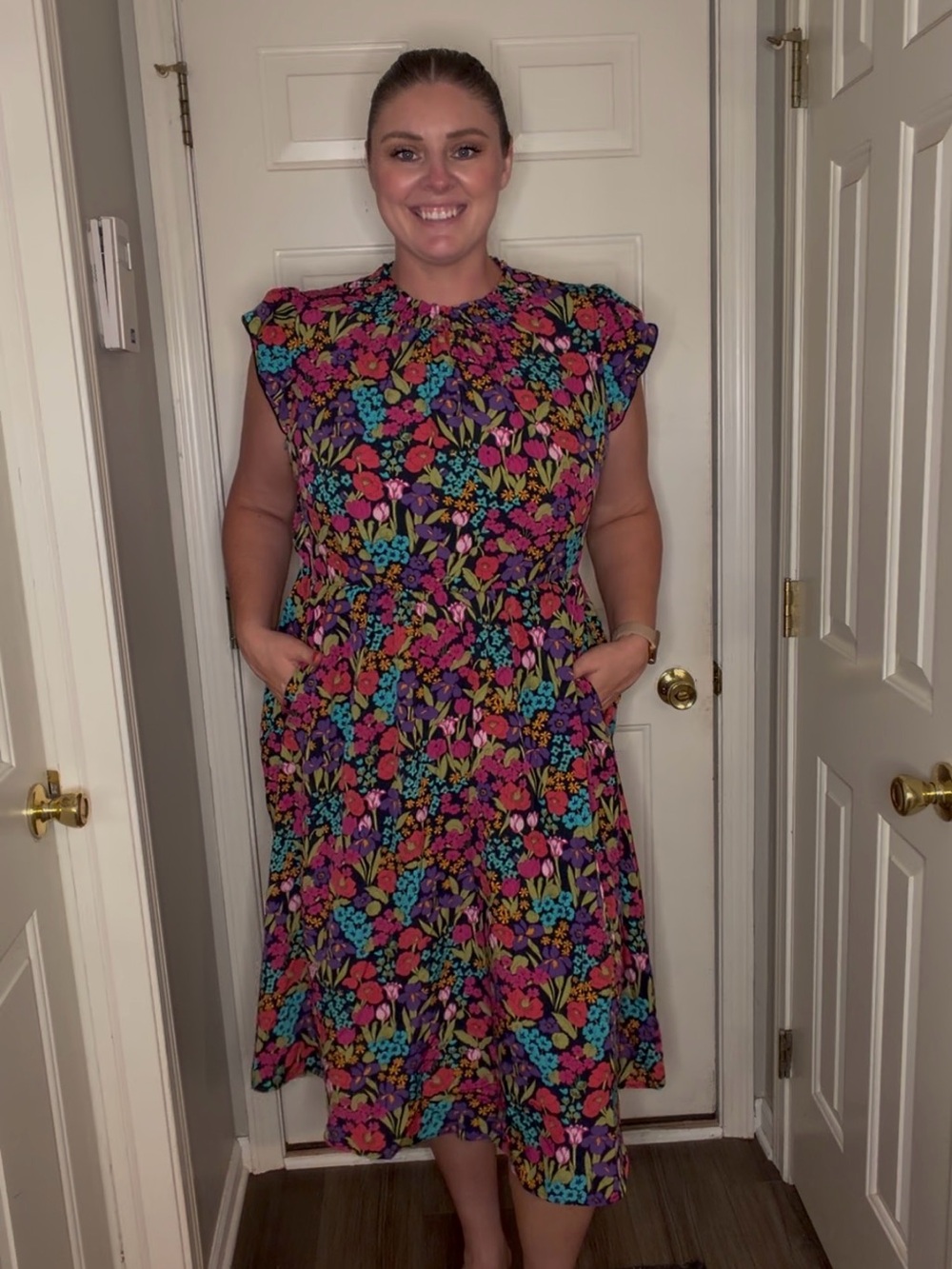 BloomChic Floral Midi Dress in Black with Pink, Blue & Green Accents